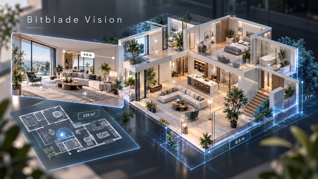 Schematische Darstellung eines digitalen Zwillings: Gebaeudeschnitt mit eingeblendeten Raummassen, dazu Grundriss und begehbare 360-Grad-Ansicht