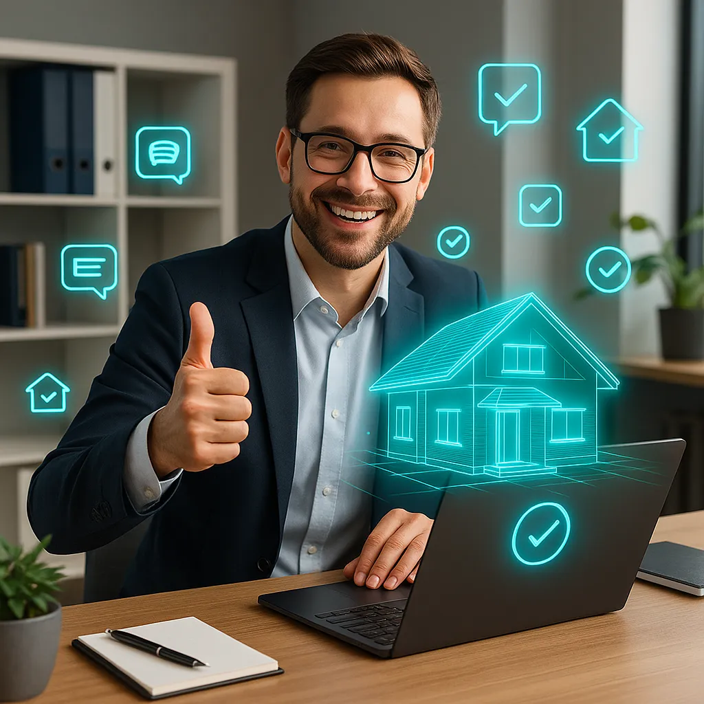 Zufriedener Immobilienmakler mit Laptop und digitalen Immobiliensymbolen