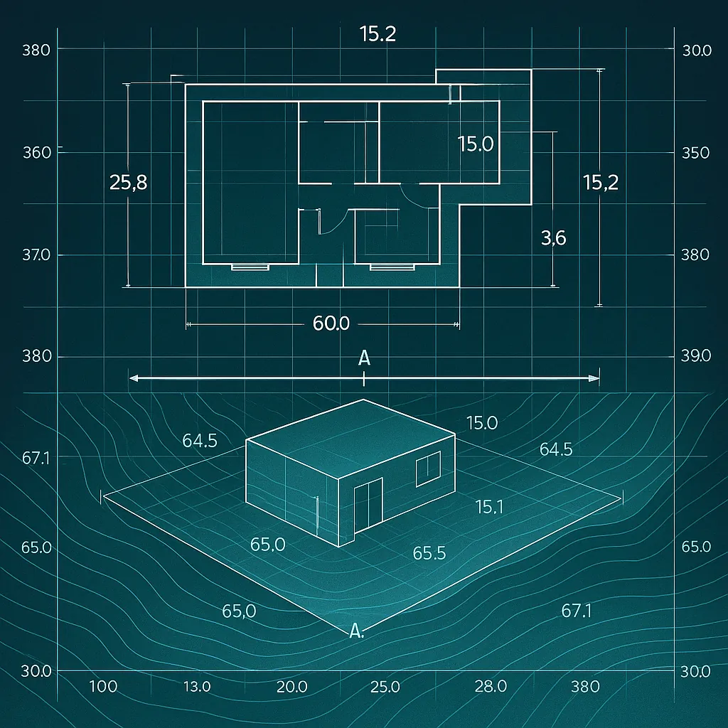 Digitale Bauplanung mit Grundriss und 3D-Architekturmodell auf topografischer Karte