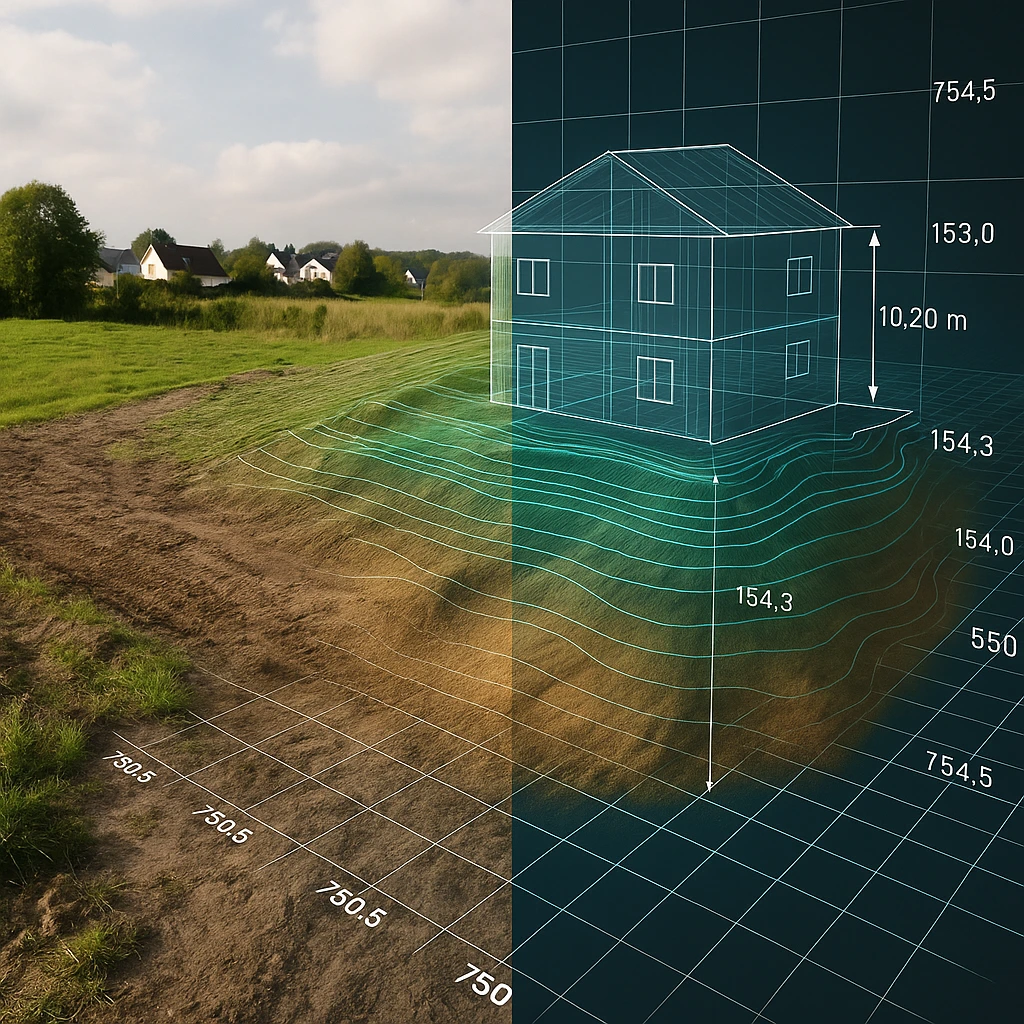 Links Wiesenlandschaft, rechts digitale Geländevermessungen mit unterschiedlichen Zahlenwerten und digitalem Haus