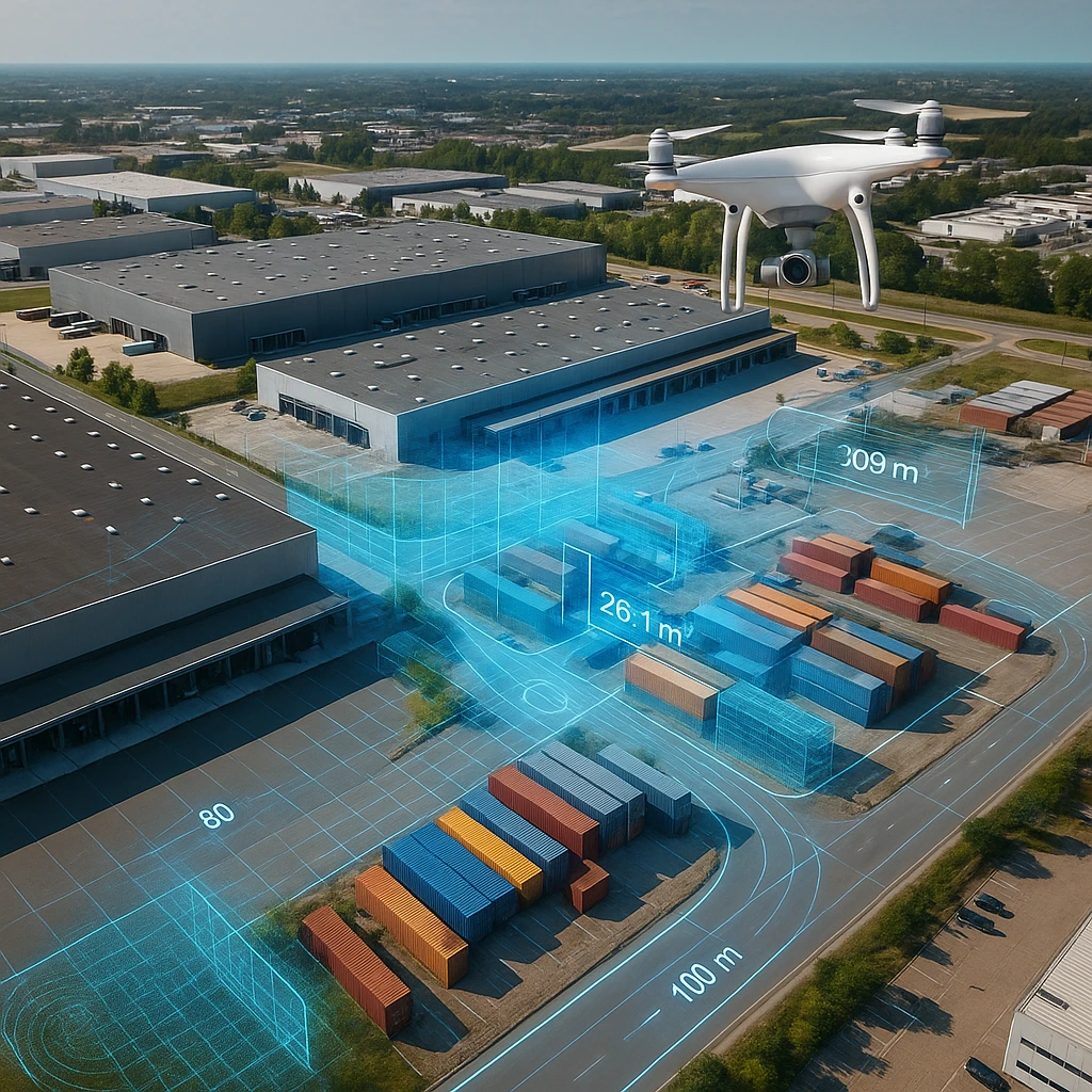 Drohne vermisst Industriegebiet, verschiedenen Werte werden angezeigt mit blauen Gitterzellen