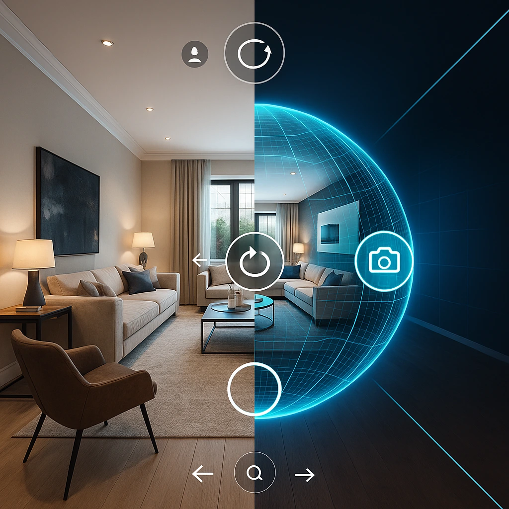 Rechts Wohnzimmer, links digitaler rundum Scan von Wohnzimmer