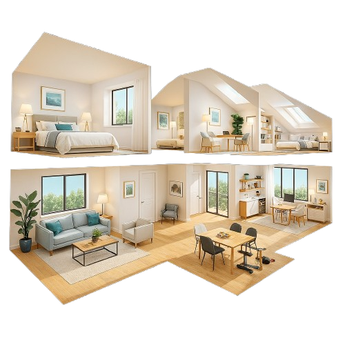 3D Grundriss Wohnung – Immobilien realistisch darstellen 3D Grundriss einer modernen Wohnung mit Schlafzimmer, Wohnzimmer und Essbereich