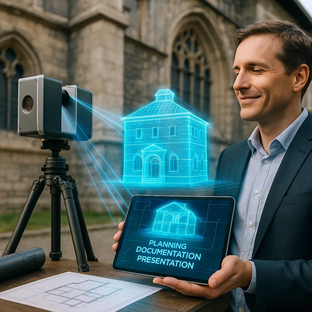 3D Scan & Dokumentation für Denkmalschutz, Museen & Architektur 2 Architekt mit 3D-Laserscanner und Tablet erstellt digitales Gebäudemodell