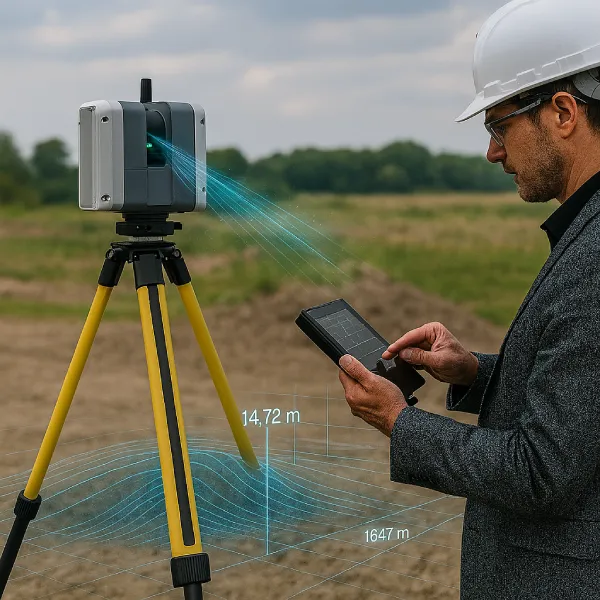 Ingenieur führt 3D Laserscanning mit modernem Vermessungsgerät im Feld durch