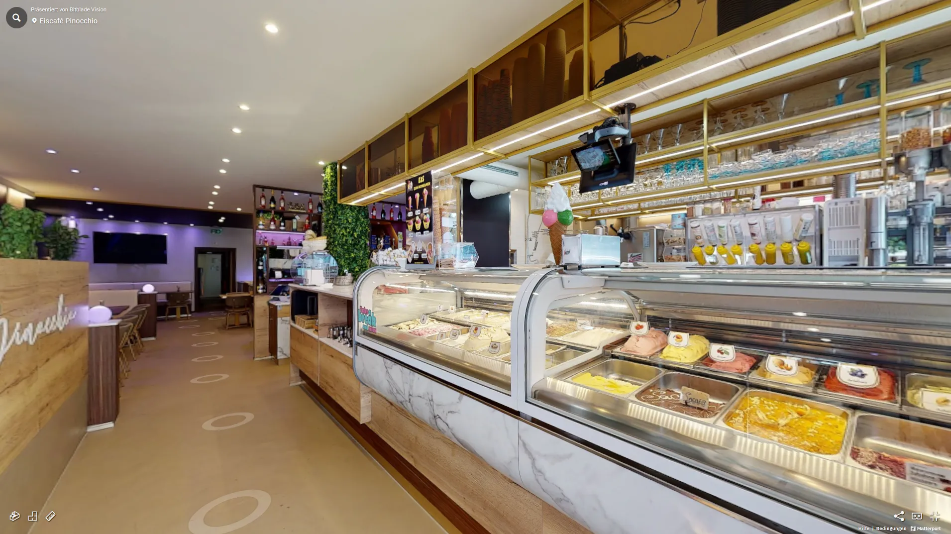 360° Google Street View Rundgang vom Eiscafé Pinocchio mit Eistheke, Desserts und modernem Ambiente