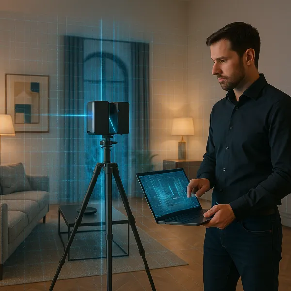 3D Scanning Innenraum mit Laserscanner und Laptop zur Erstellung digitaler Zwillinge