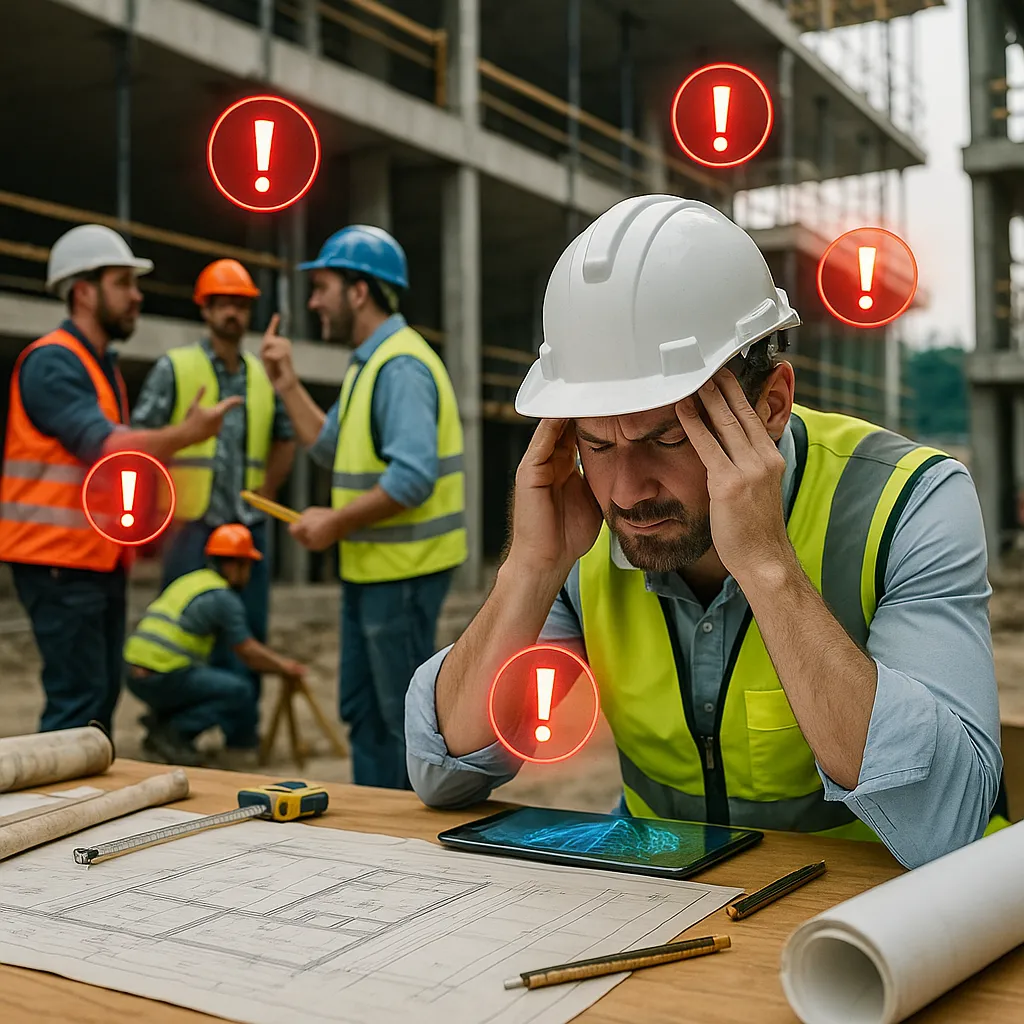 Gestresster Bauleiter mit Bauplänen und Warnsymbolen auf einer Baustelle