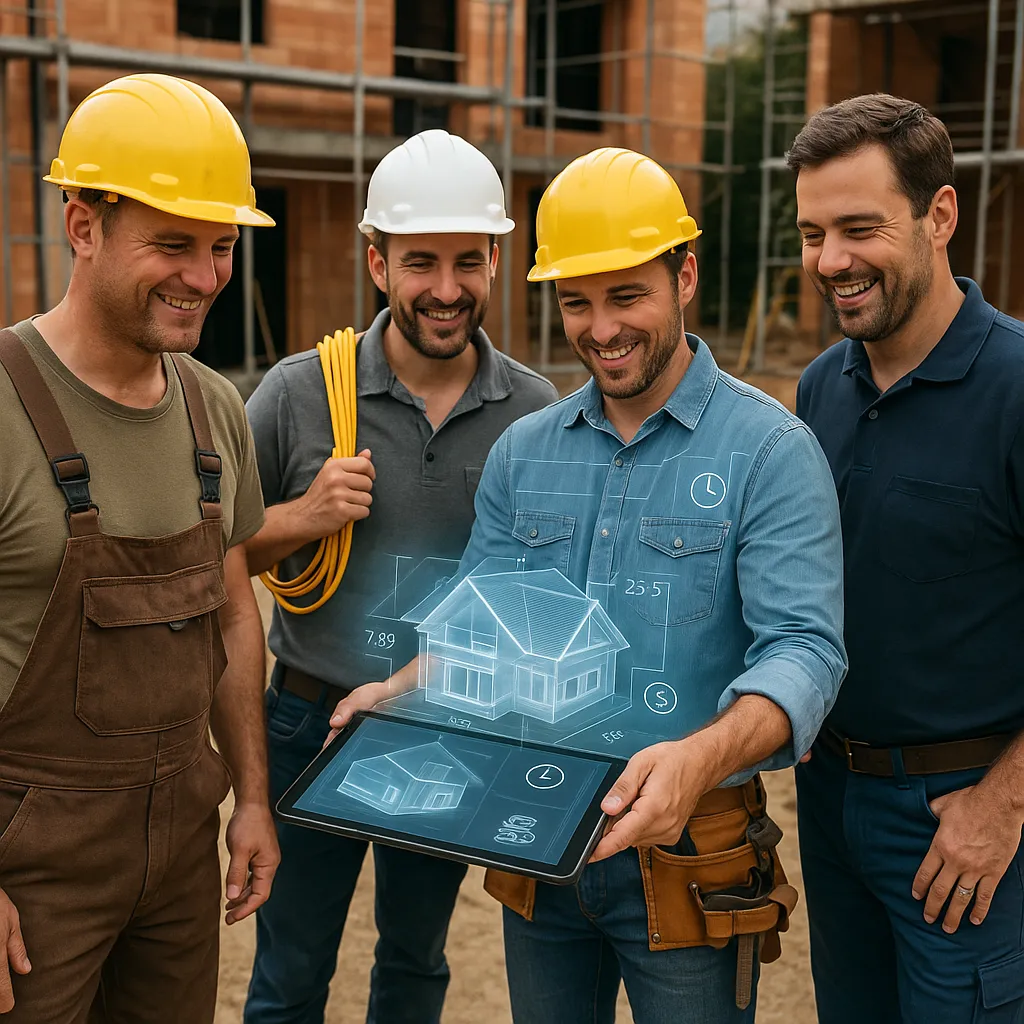 3D Scan für Handwerker – Präzise, schnell & effizient 2 Bauarbeiter betrachten 3D-Hausmodell auf Tablet – Digitale Bauplanung auf Baustelle