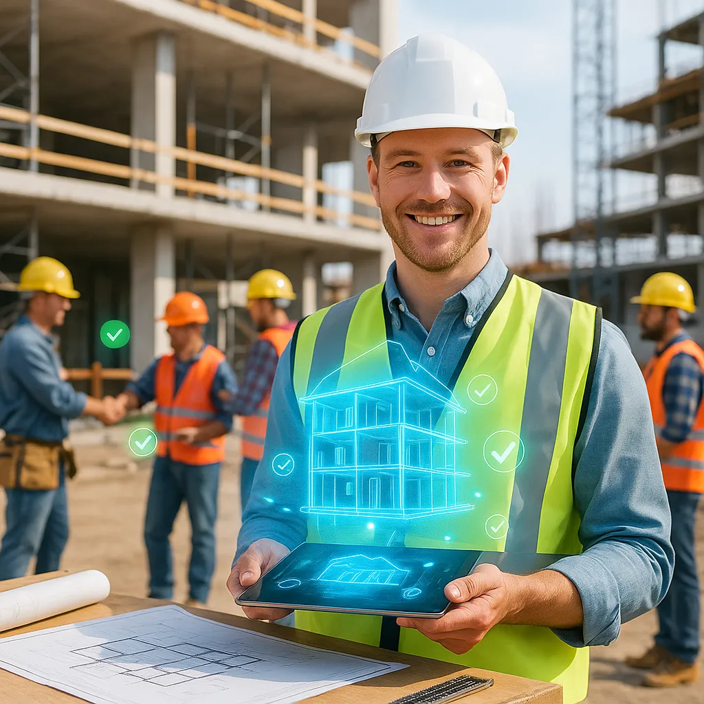 Bauleiter mit Tablet und 3D-Gebäudemodell auf Baustelle – digitale Bauplanung