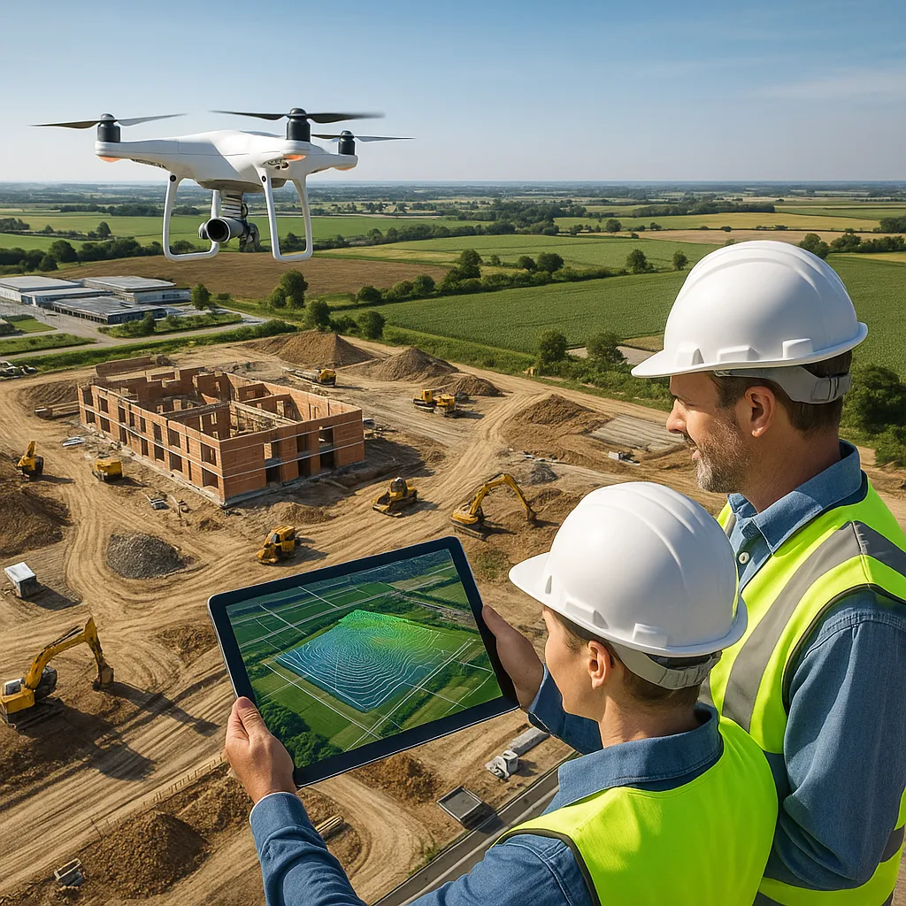 3D Luftvermessung – Präzise, effizient & großflächig 2 Bauingenieure mit Tablet und Drohne analysieren Geländedaten auf Baustelle