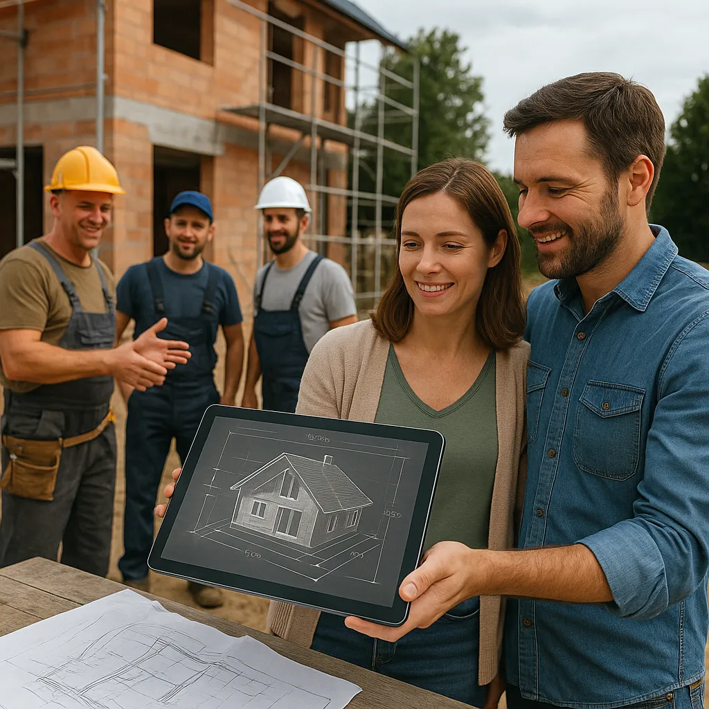 3D Scan für private Bauherren | Präzise Planung & Sicherheit 2 Paar betrachtet 3D-Hausmodell auf Tablet, Bauarbeiter im Hintergrund – Hausbau Planung