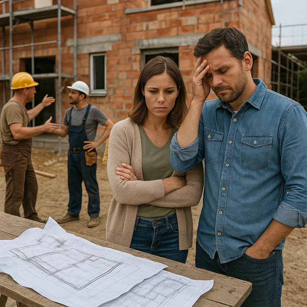 3D Scan für private Bauherren | Präzise Planung & Sicherheit 1 Besorgtes Paar auf Baustelle mit Bauplänen, Bauarbeiter diskutieren im Hintergrund – Hausbau Probleme
