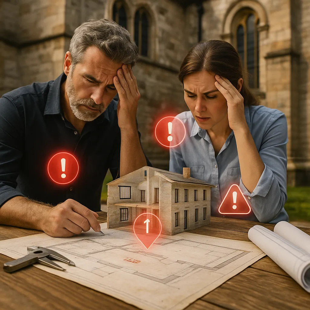 3D Scan & Dokumentation für Denkmalschutz, Museen & Architektur 1 Paar besorgt über Baupläne mit Modellhaus und Warnsymbolen – Hausbau Probleme
