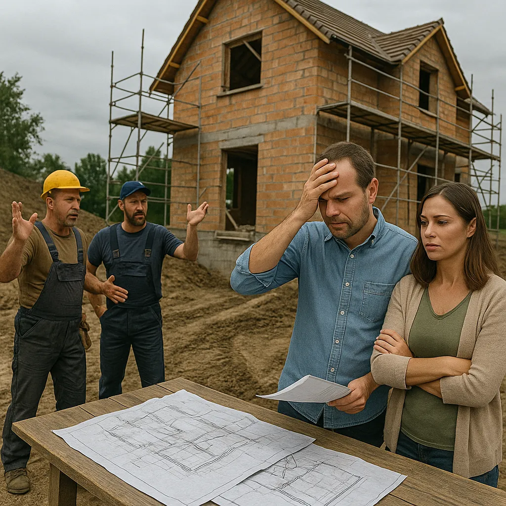 3D Luftvermessung – Präzise, effizient & großflächig 1 Paar besorgt über Baupläne, Bauarbeiter diskutieren im Hintergrund – Hausbau Probleme