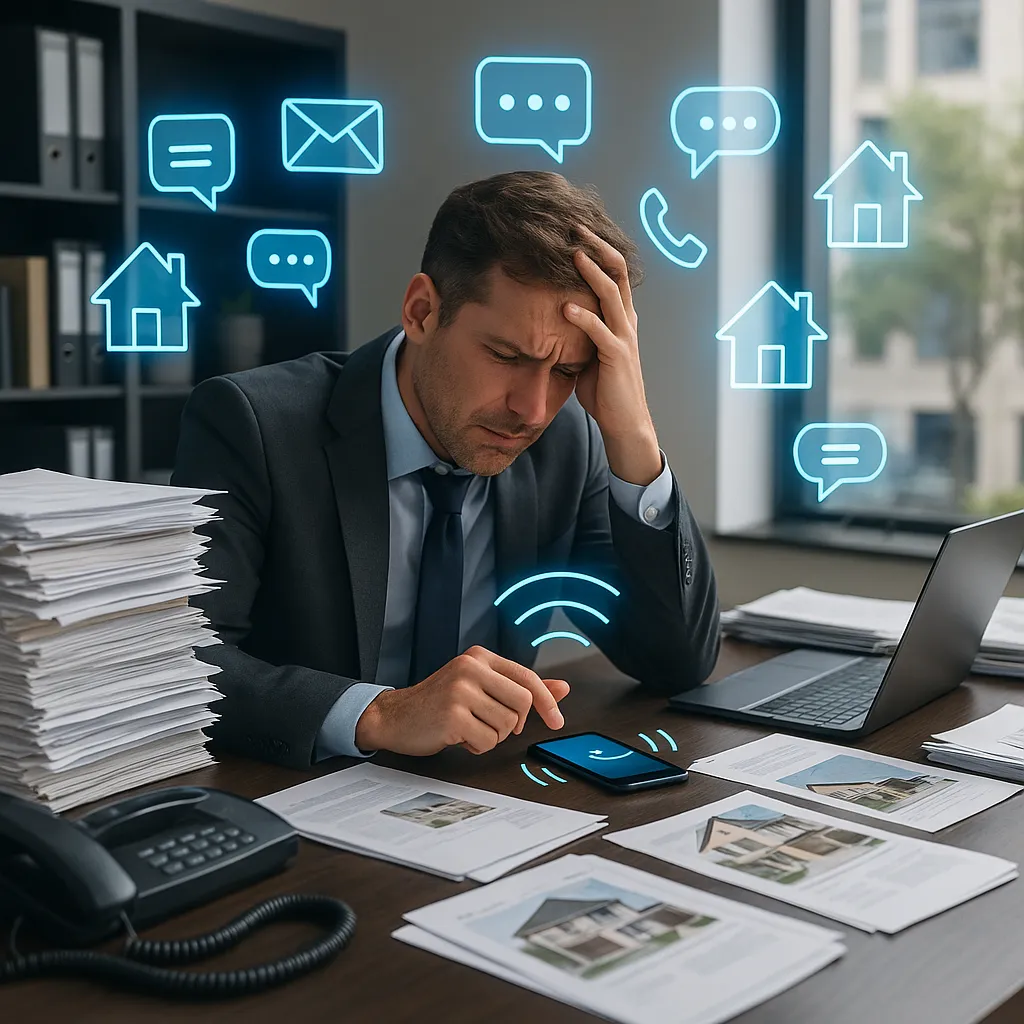 3D Scan für Immobilienmakler | Virtuelle Rundgänge erstellen 2 Gestresster Immobilienmakler im Büro mit Papierstapel und digitalen Nachrichtensymbolen