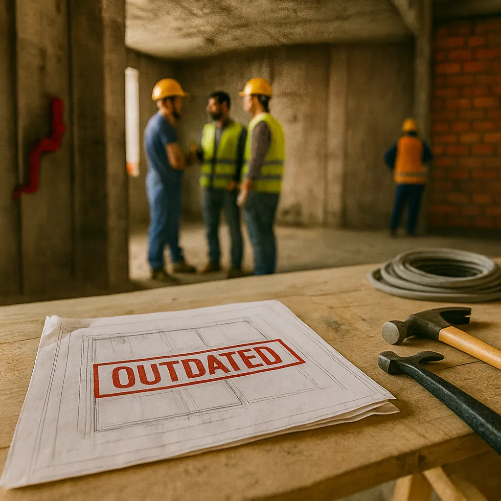 3D Scan für Handwerker – Präzise, schnell & effizient 1 Veraltete Baupläne mit OUTDATED-Stempel auf Tisch, Bauarbeiter im Hintergrund